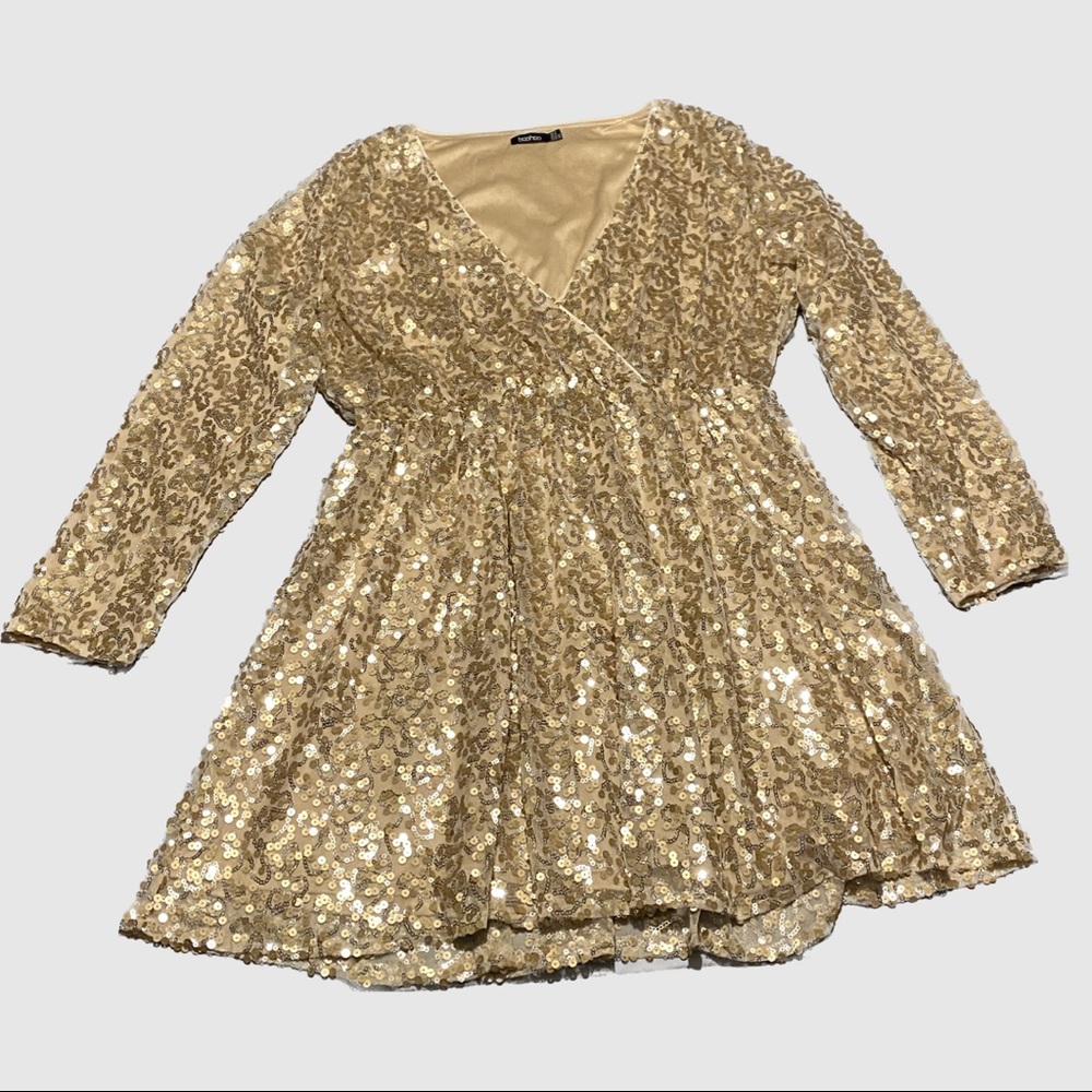 BooHoo beige flirty dress with silver and gold sequins